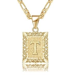 14k Gold Plated Layering Square Letter Pendant Figaro Letter “T”